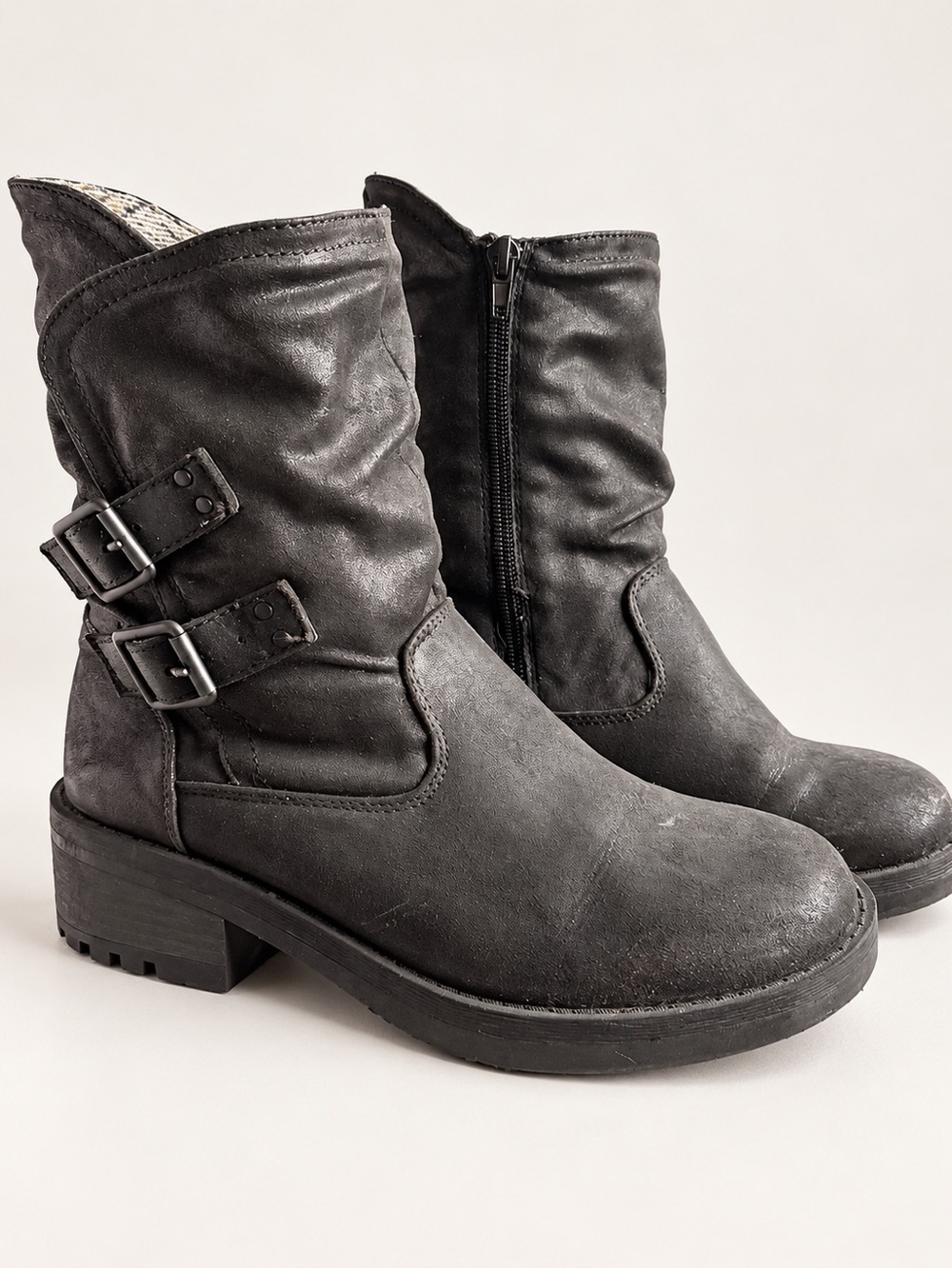 Black Slouchy Moto Boots Double Buckle Side Zip